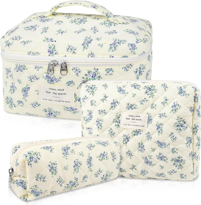 Gosect Makeup Bag Set, Quilted Makeup Bag, Large Floral Cosmetic Bag for Women, Cute Cotton Makeup Bags, Flower Travel Toiletry Organizer Bag (Blue Floer) - Image 1